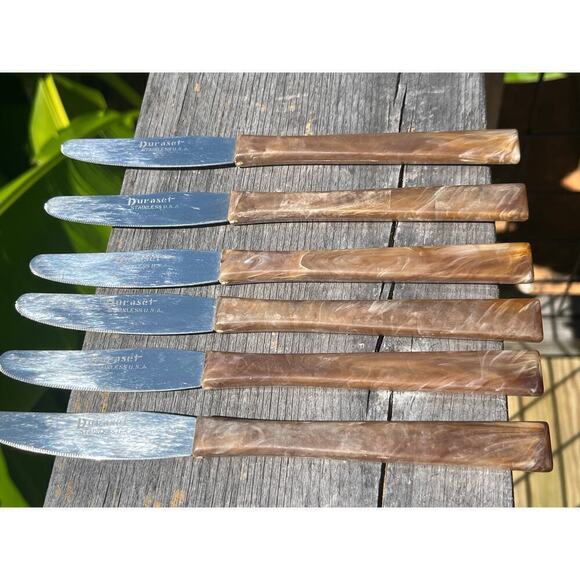 6 Vintage Flatware Bakelite? handle Knives. Duraset. stainless USA. Kitchen. - Picture 1 of 10